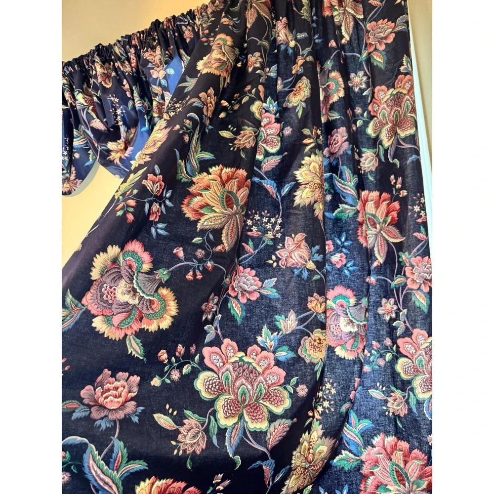 Vintage Navy Blue Floral Chintz‎ 9 Piece Curtain & Balloon Valance Set Lined 80s